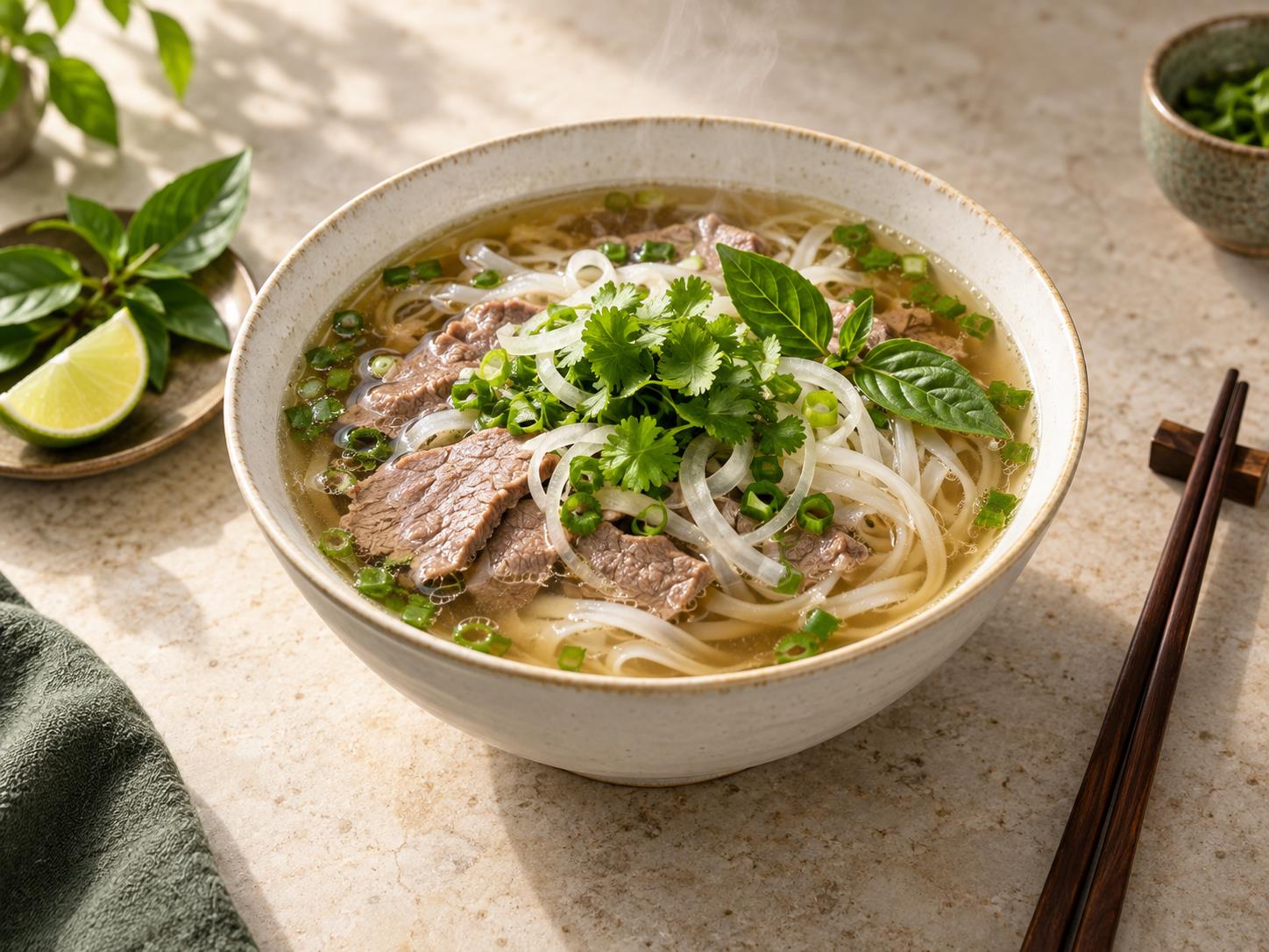 A bowl of phở with beef, herbs, lime, and rice noodles